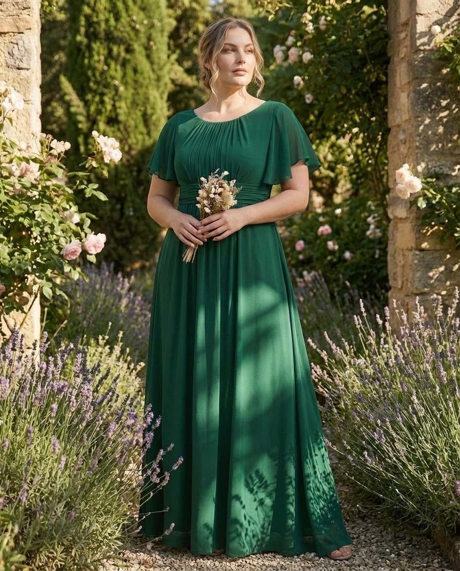 Petaline Elegant Chiffon A-Line Bridesmaid Gown with Short Sleeves N0324