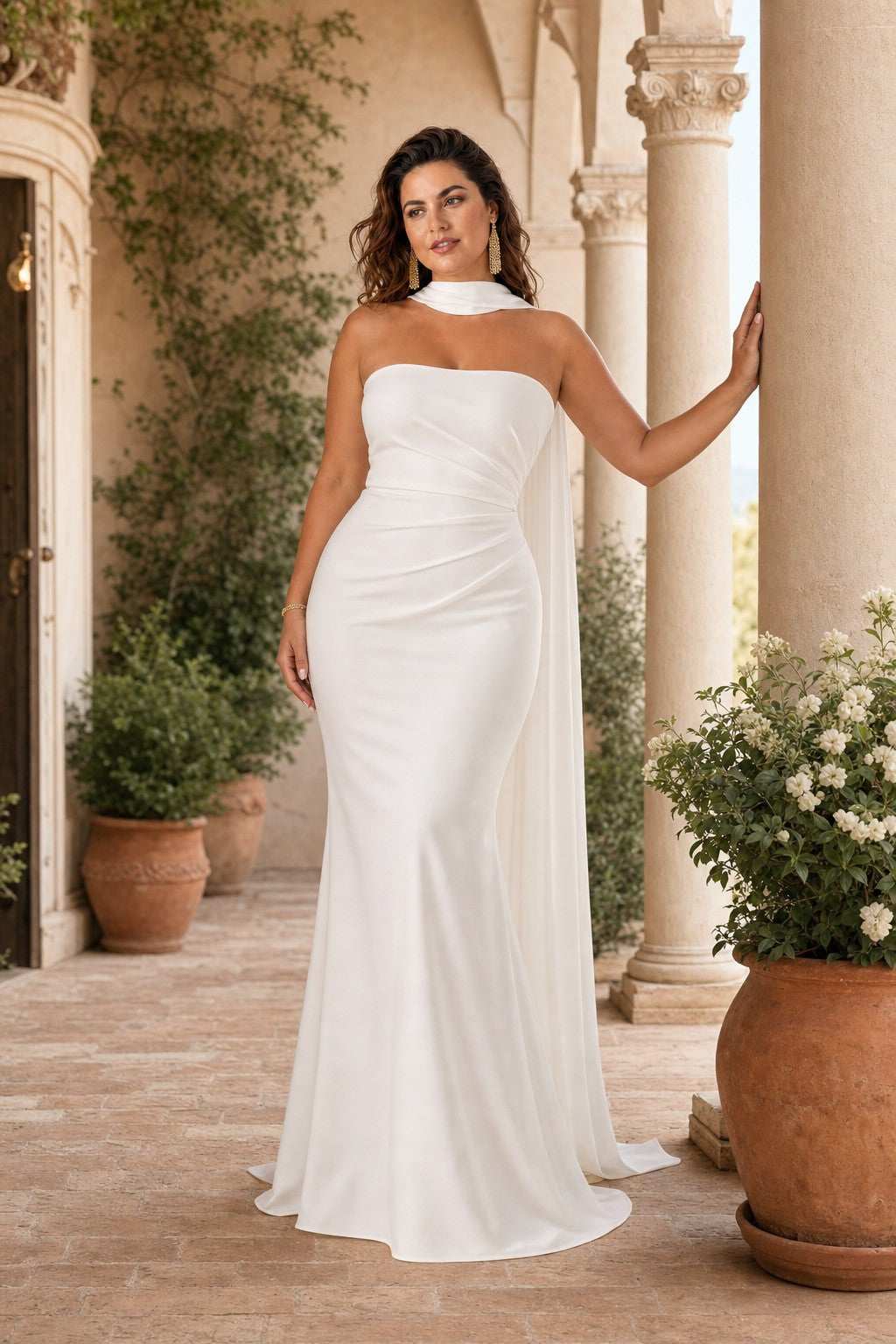 Elegant Plus Size Bridal Gown with Asymmetrical Draping Corset Boning Scarf Accent and Open Back
