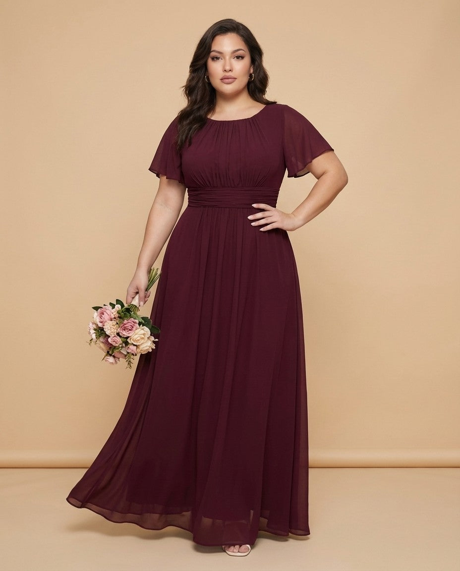 Petaline Plus Size Short Sleeve Chiffon Bridesmaid Dress N0322