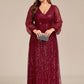 Plus Size V-Neck Lantern Long Sleeve Sequin A-Line Evening Dress
