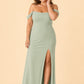 Plus Size Off Shoulder Chiffon Bridesmaid Dress with Pleated Details and Elegant Leg Slit