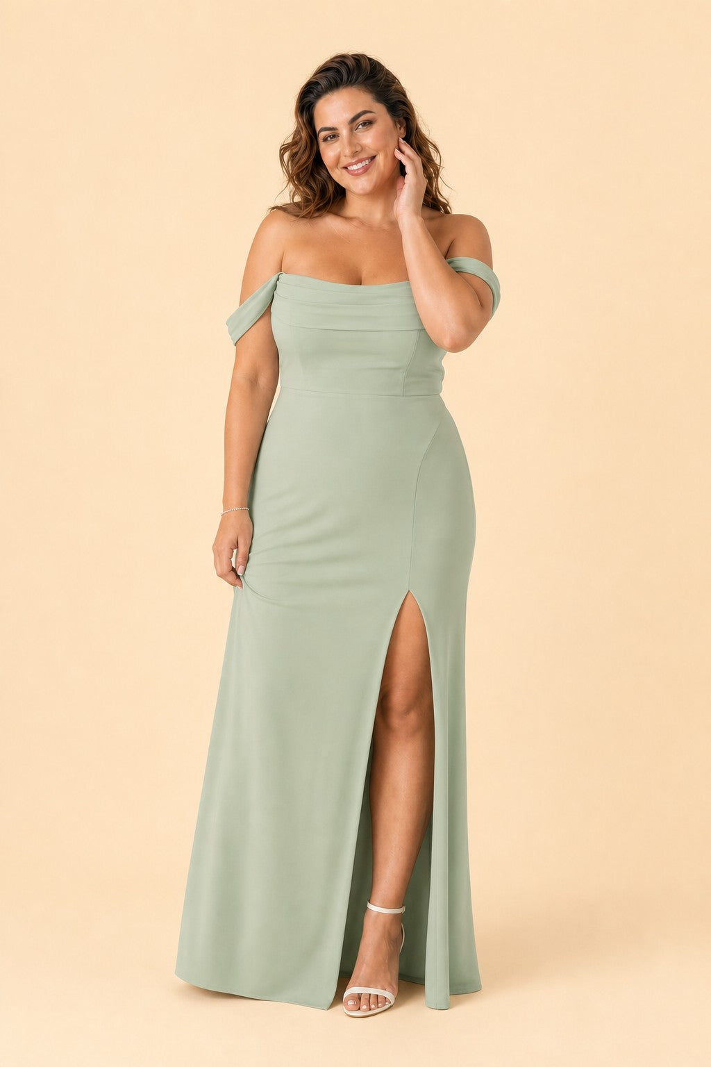 Plus Size Off Shoulder Chiffon Bridesmaid Dress with Pleated Details and Elegant Leg Slit