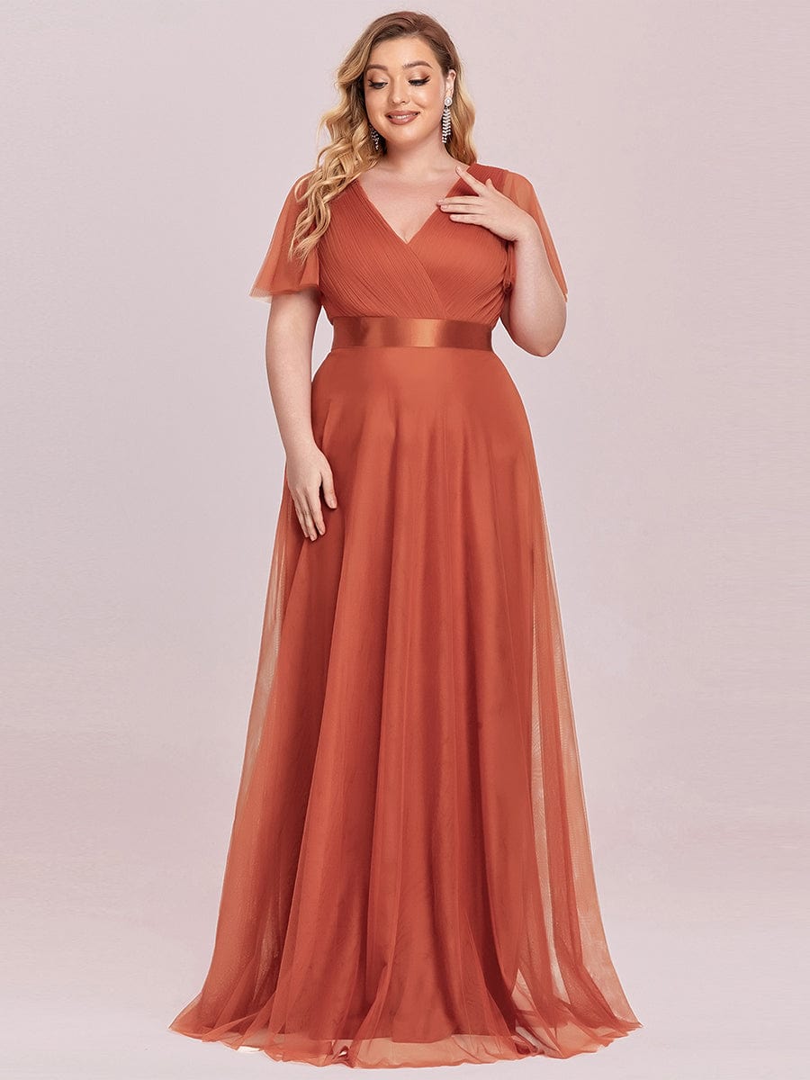 Women's Floor-Length Plus Size Formal Bridesmaid Dress with Short Sleeve