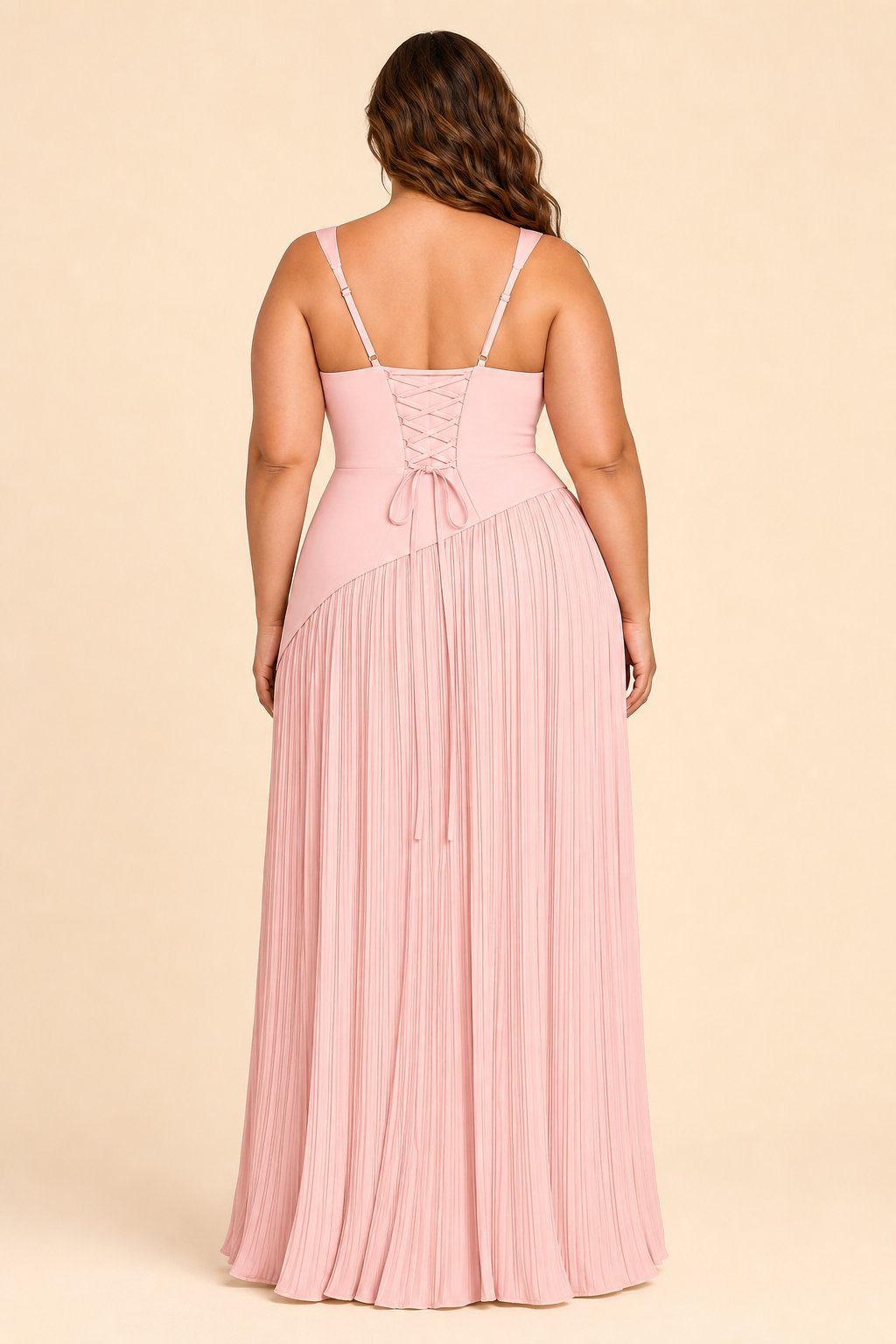 Plus Size Bridesmaid Dress with Pleated Satin and Lace Up Open Back