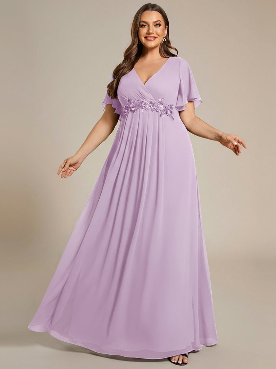 Plus Size Floral Applique Short Sleeve A-Line Chiffon Formal Evening Dress
