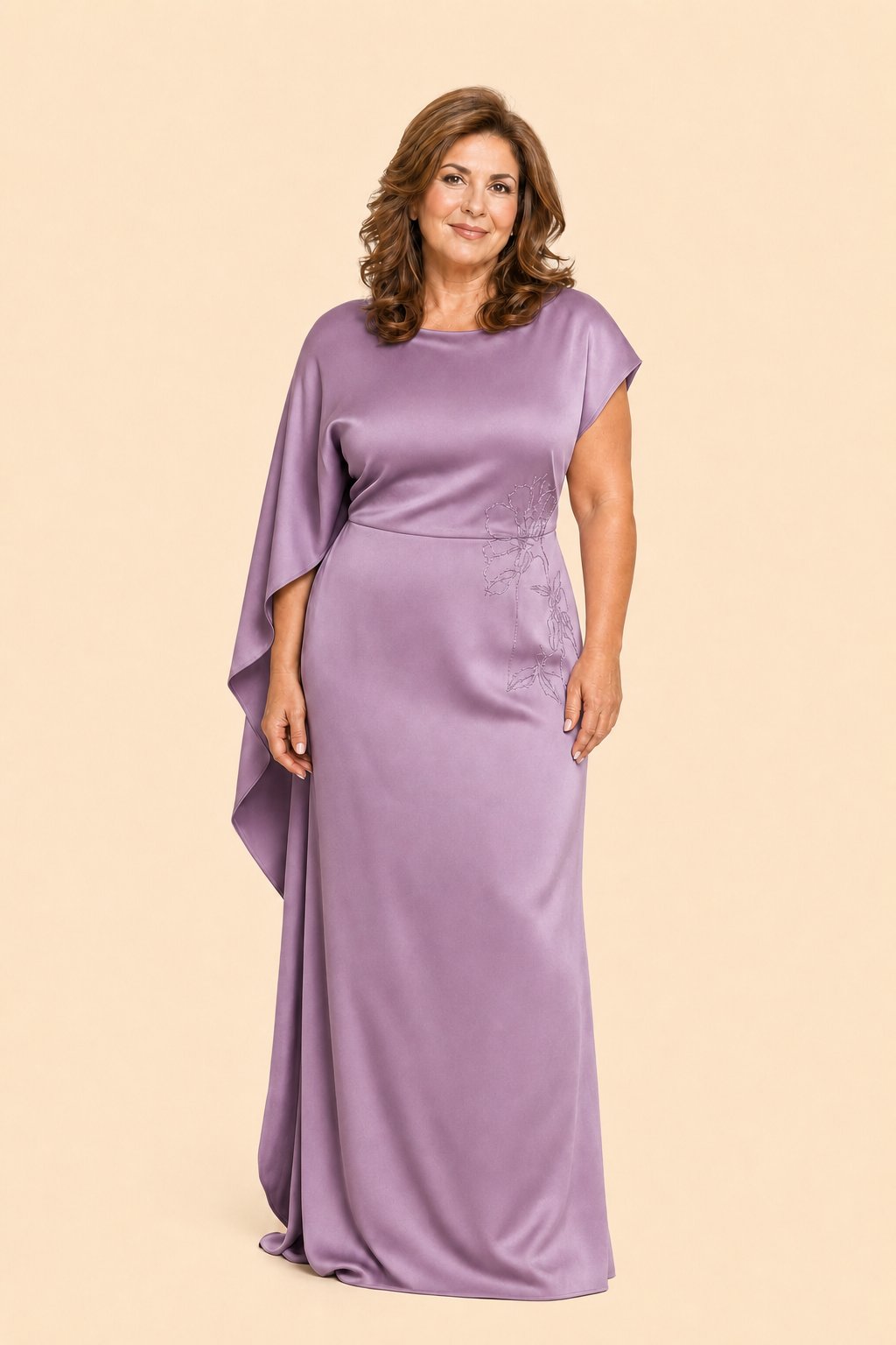 Plus Size Mother of the Bride Dress with Asymmetrical Cape and Embroidery
