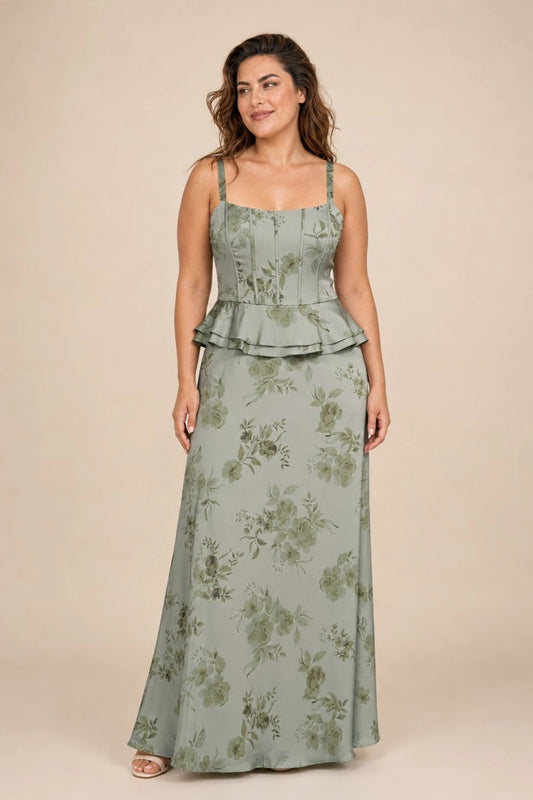 Vintage Floral Satin Bridesmaid Dress with Peplum Silhouette Corset Bodice Elegant Formal Gown