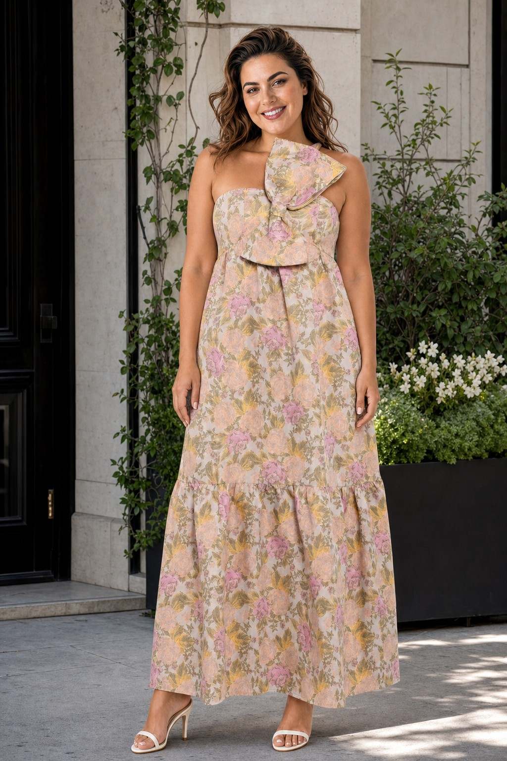Plus Size Floral Jacquard A-Line Bridesmaid Dress with Bow Front and Pockets