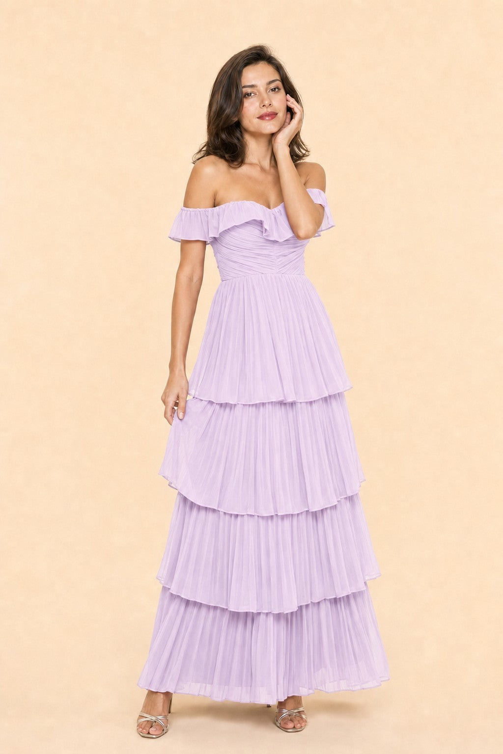 Elegant A Line Maxi Bridesmaid Dress Pleated Tiered Off Shoulder Design