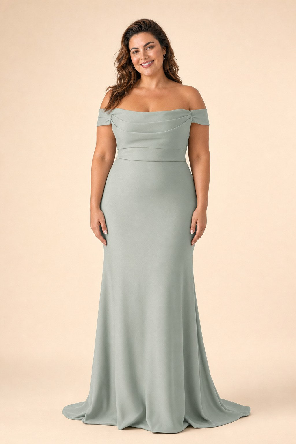 Plus Size Off Shoulder Ruched Bridesmaid Dress with Statement Back Bow