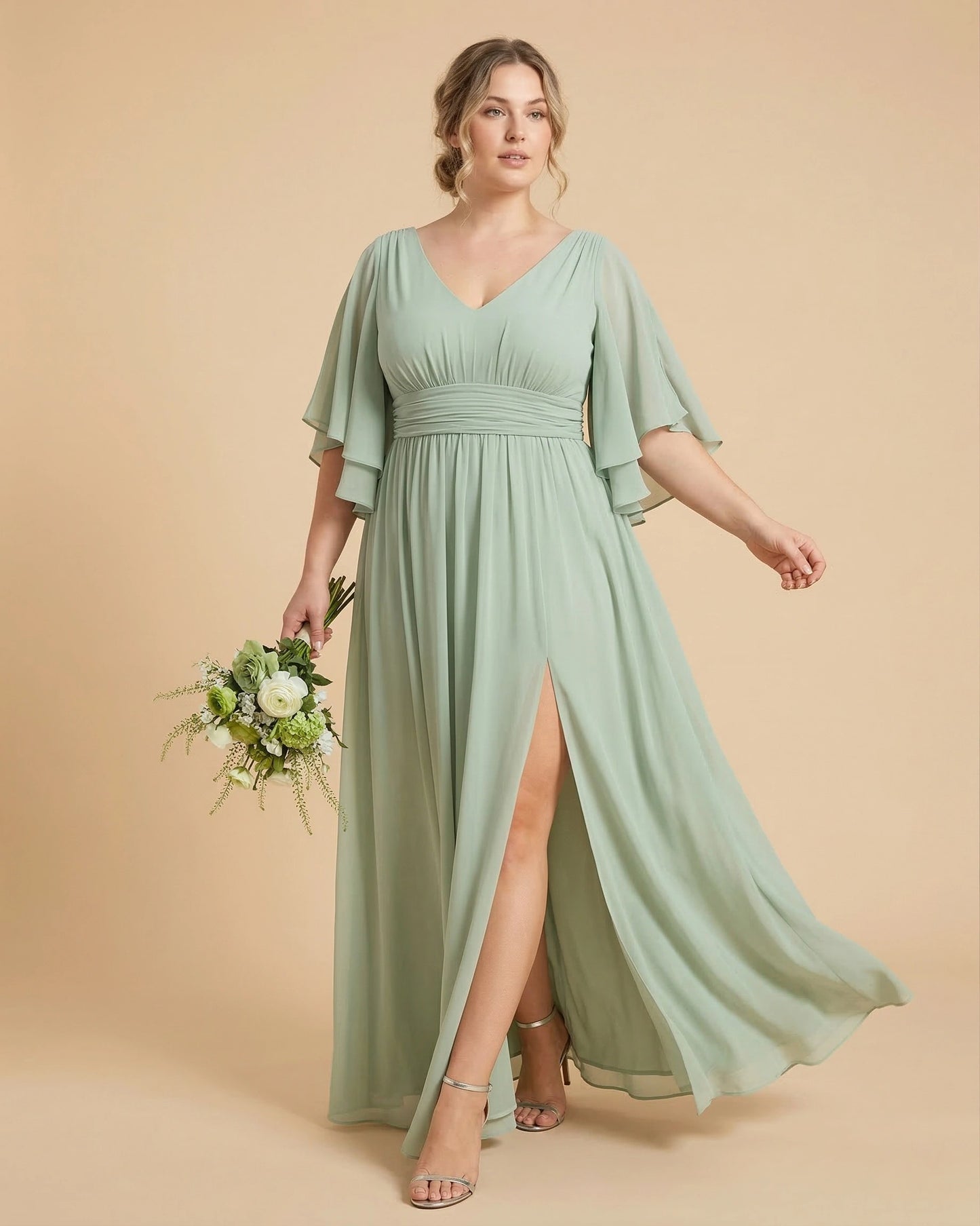 Petaline Romantic Plus Size A-Line Bridesmaid Dress with V-Neck Pleated Chiffon - for Weddings N0301