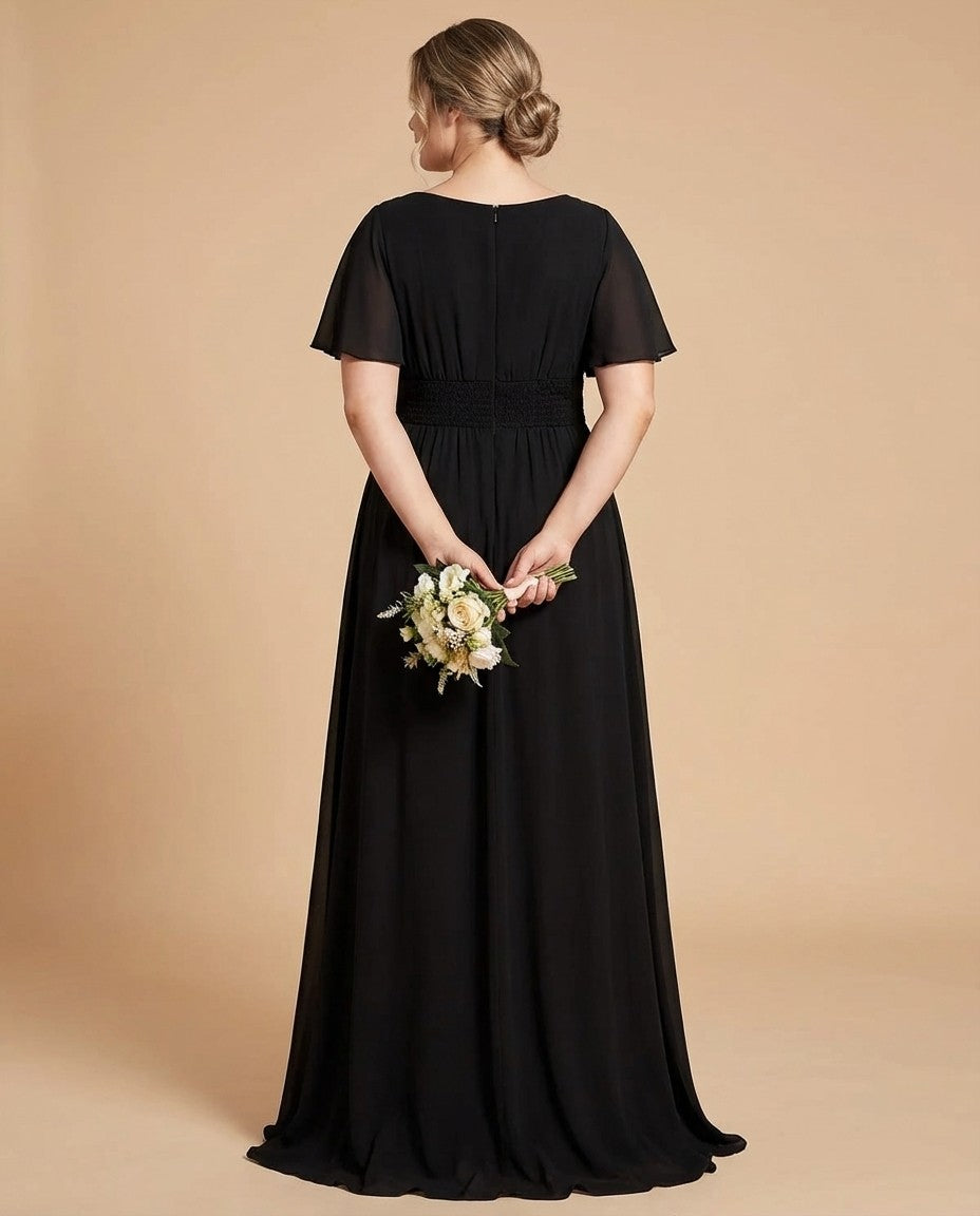 Petaline Plus Size Chiffon A-Line Bridesmaid Gown with Short Flutter Sleeves N0326