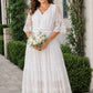 Plus Size Lace Wedding Bridal Gown with A-Line Tulle Skirt and V Neck