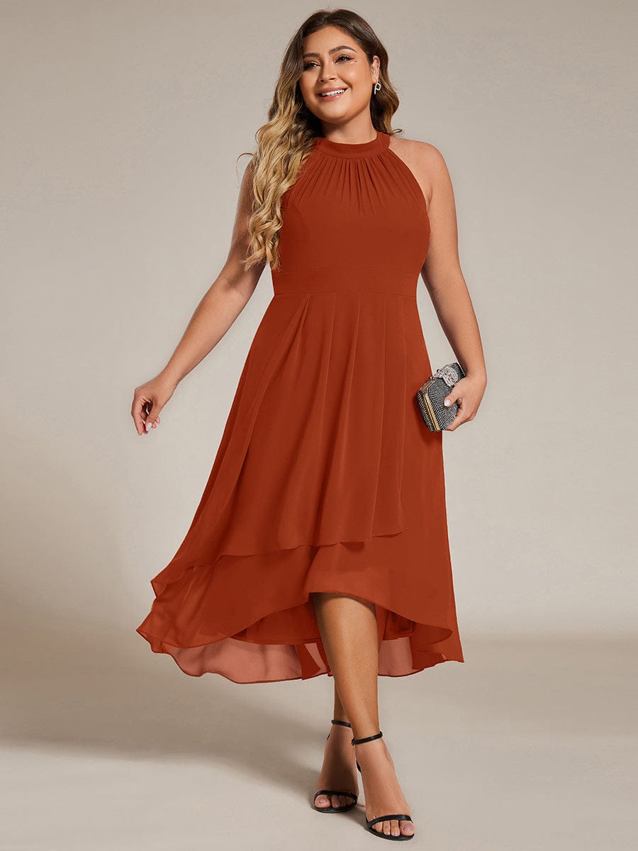 Flowy Plus Size Halter Neck Chiffon Midi Wedding Guest Dress