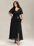Plus Size Rhinestone Embellished Chiffon Ruffle Sleeve Dress