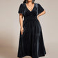 Plus Size A-line V-Neck Short Sleeve Pleated Velvet Fall Wedding Guest Dress