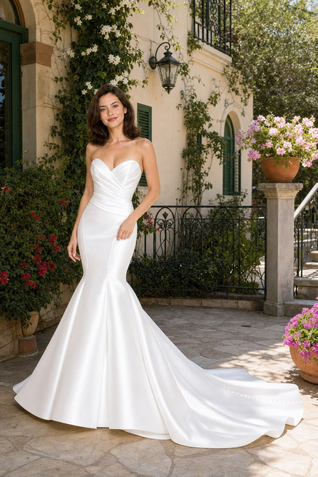 Plus Size Timeless Strapless Bridal Dress with Pleated Waist and Flowing Train