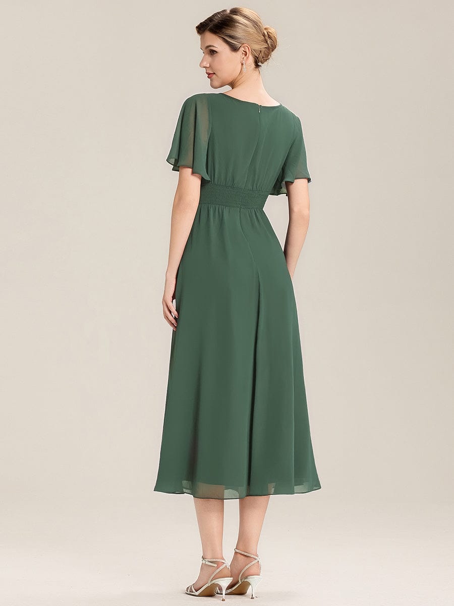 Plus Size Pleated Chiffon Ruffle Sleeve Wedding Guest Dress
