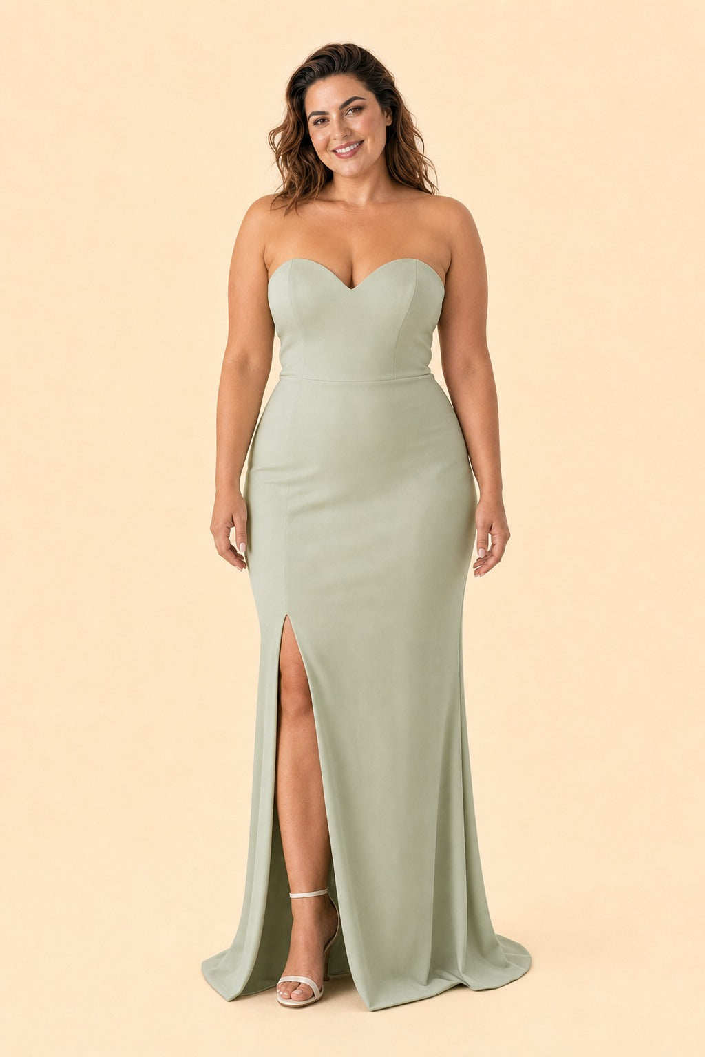 Plus Size Strapless Bridesmaid Dress with Cutout Back Bow and Slit