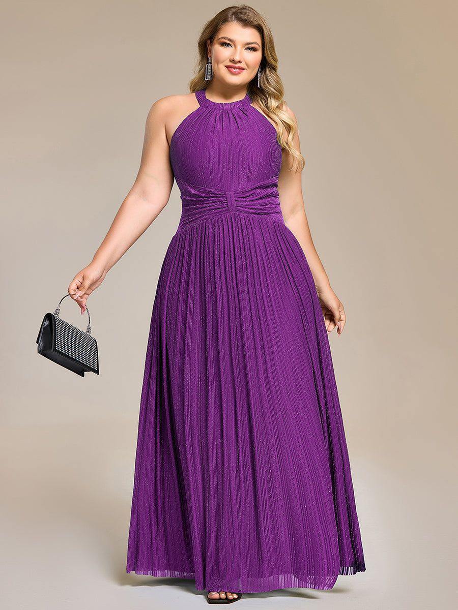 Plus Size Glittery Halter Neck Pleated Formal Evening Dress