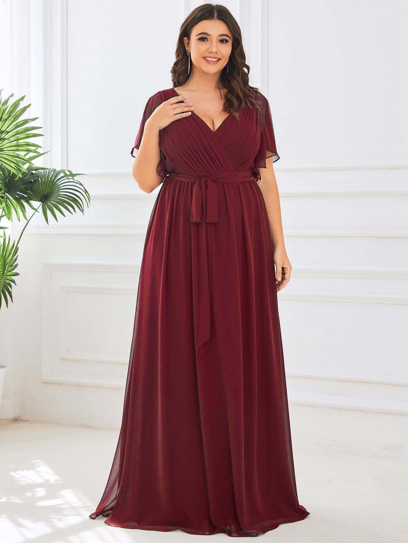 Plus Size Pleated Tie-Waist Chiffon Bridesmaid Dress