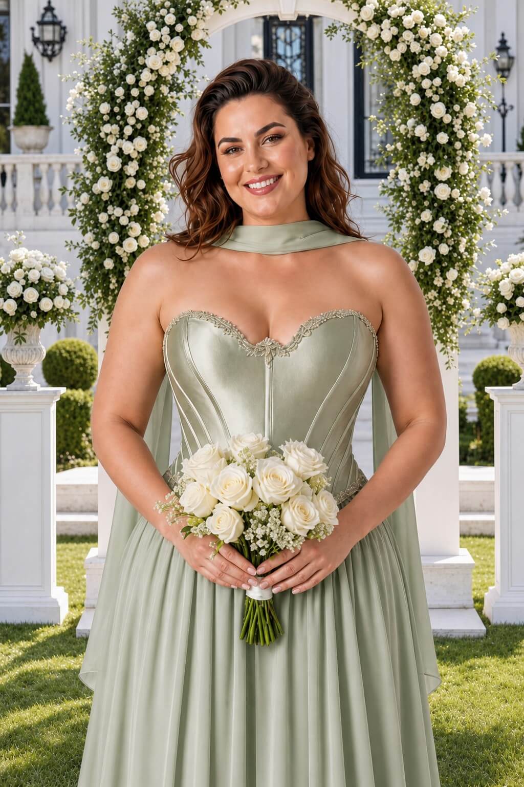 Scarvelle Plus Size Satin Prom Dress with Basque Waist and Pearl Corset