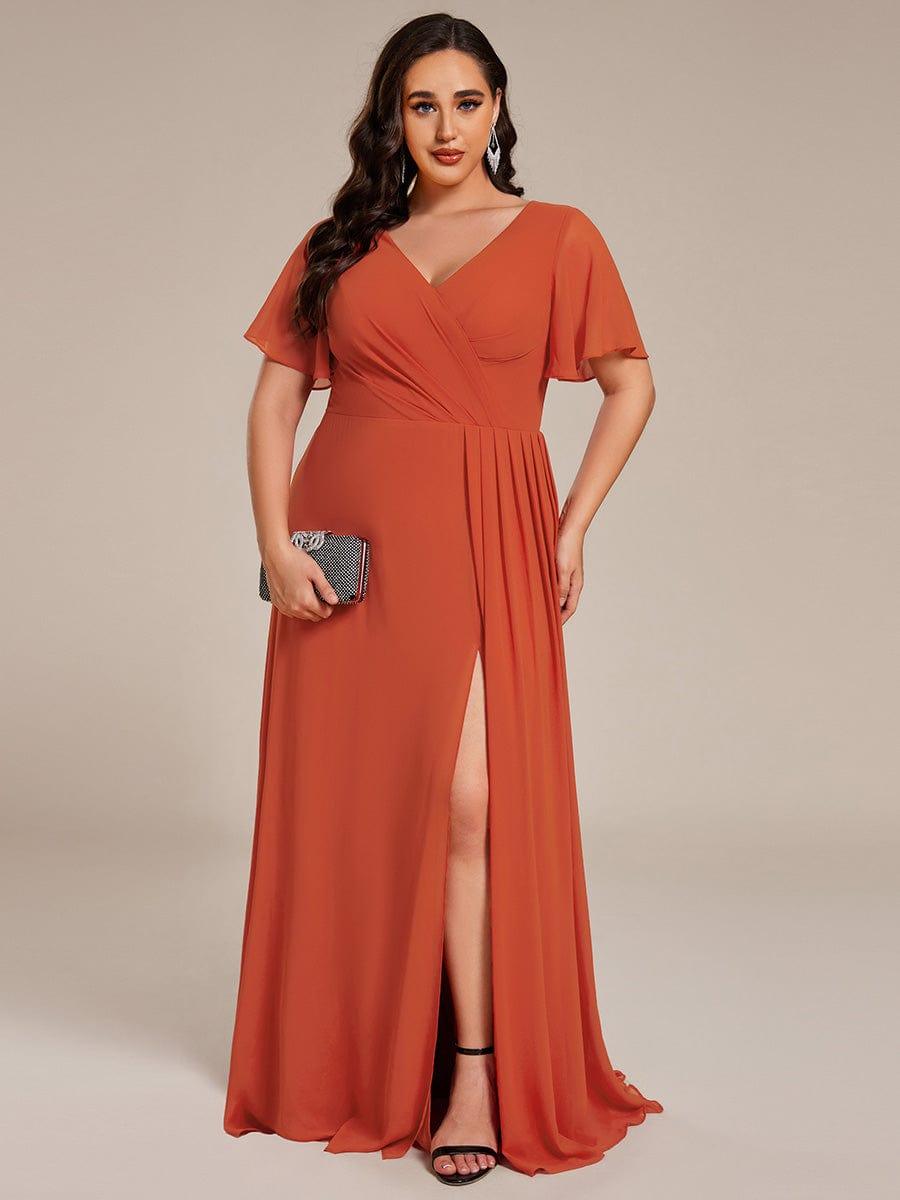 Plus Size High Slit V-Neck Empire Waist Chiffon Bridesmaid Dress