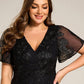 Plus Size Short Sleeves Embroidered Mesh A-Line V-Neck Midi Wedding Guest Dress