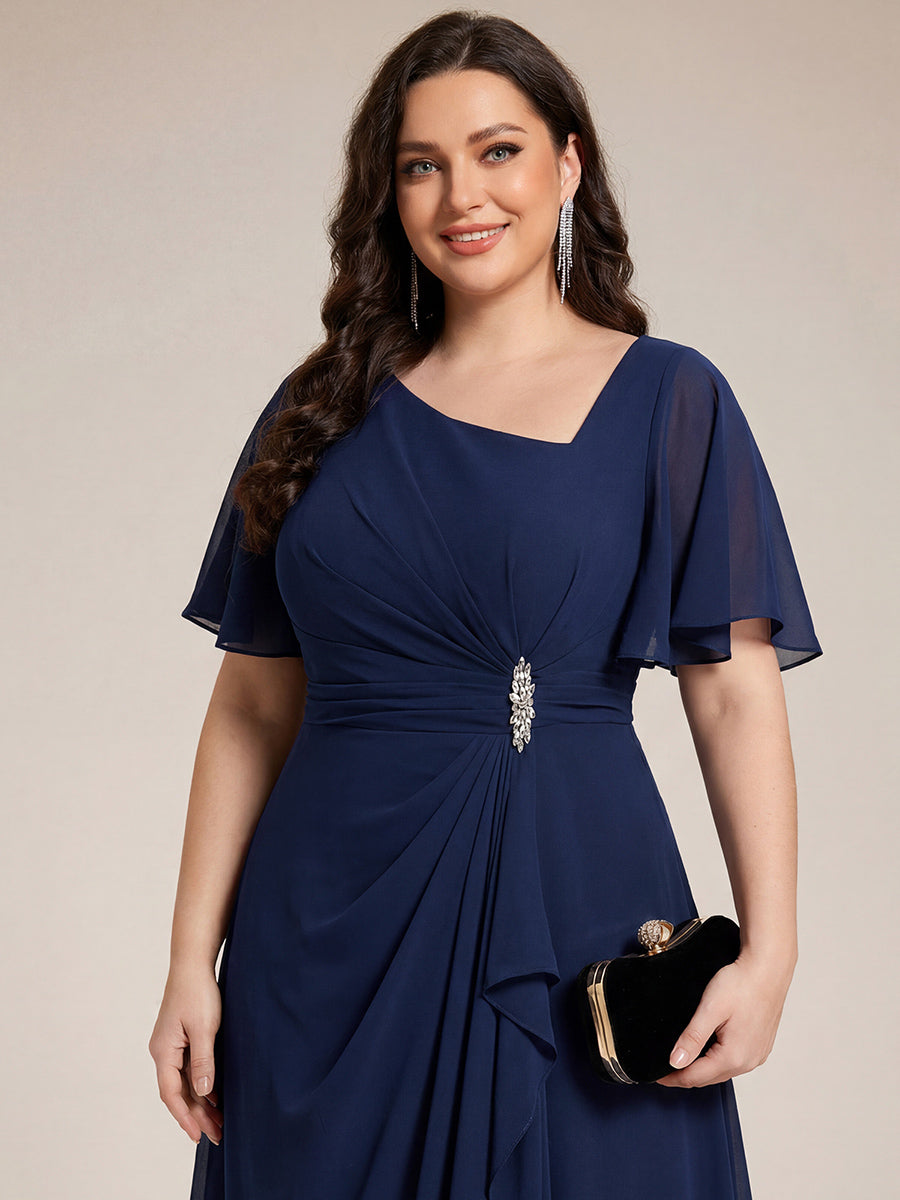 Plus Size Pleated Chiffon Ruffle Sleeve Wedding Guest Dress