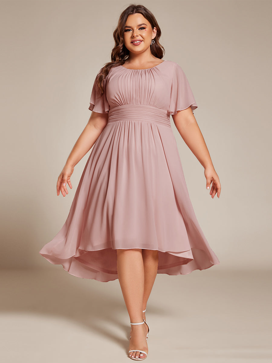 Plus Size Pleated Round Neckline A-Line Midi Chiffon Wedding Guest Dress