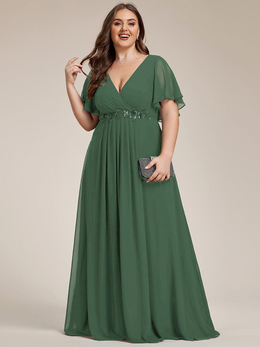 Plus Size Floral Applique Short Sleeve A-Line Chiffon Formal Evening Dress