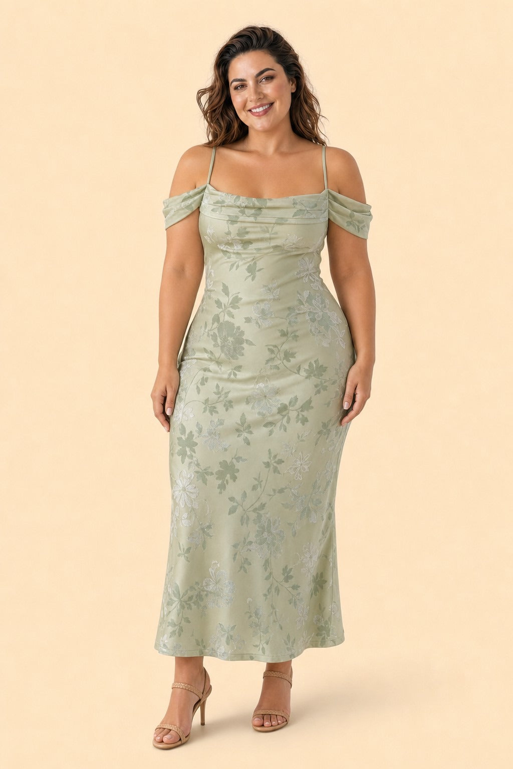 Plus Size Off Shoulder Burnout Floral Bridesmaid Dress with Lace-Up Back