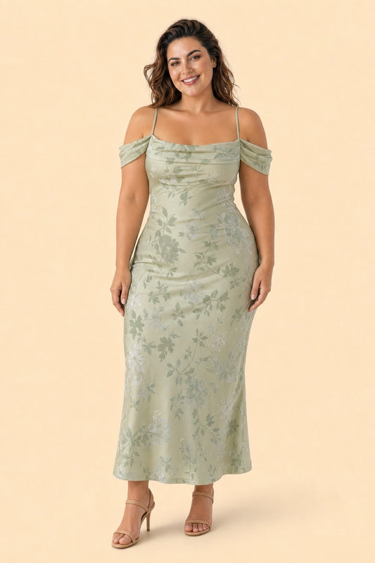 Plus Size Off Shoulder Burnout Floral Bridesmaid Dress with Lace-Up Back