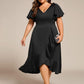 Plus Size V-Neck Satin Midi Wedding Guest Dress with Ruffled Skirt