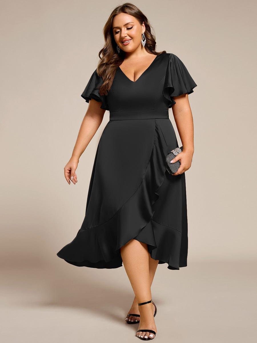 Plus Size V-Neck Satin Midi Wedding Guest Dress with Ruffled Skirt