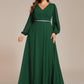 Plus Size A-Line V-Neck See-Through Long Sleeves Shiny Belt Chiffon Evening Dress