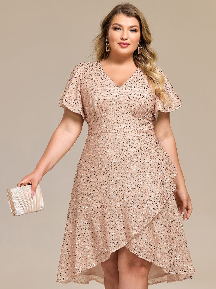 Plus Size Sequin Ruffle Sleeve Formal Dress