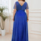 Plus Size V Neck Ribbon Waist Formal Evening Dress With Sleeves