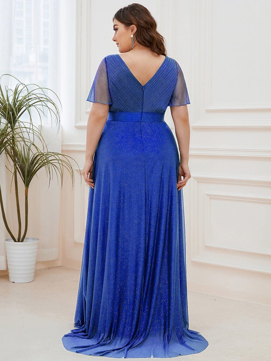 Plus Size V Neck Ribbon Waist Formal Evening Dress With Sleeves