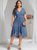 Plus Size Short Sleeves V-Neck A-Line Lace Midi Wedding Guest Dress