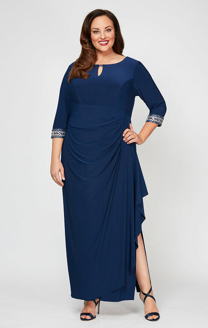 Plus Jersey Dress with Keyhole Cutout Neckline and Embellished Sleeves/Neckline