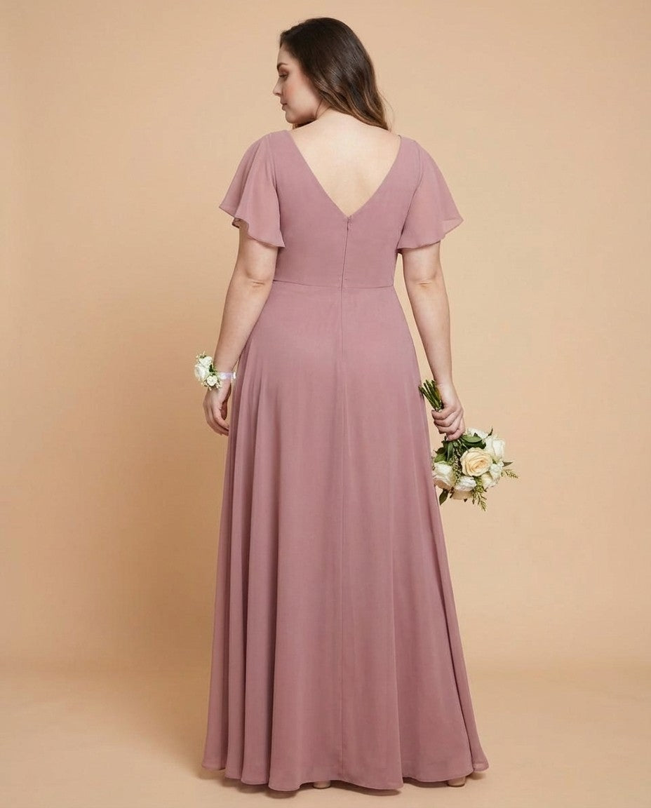 Avenleigh Plus Size Half Sleeve Pleated Chiffon A-Line Bridesmaid Dress for Wedding Party - N0338