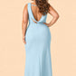 Floor Length Plus Size Bridesmaid Dress Pleated Detail Deep Cowl Back Stretch Satin