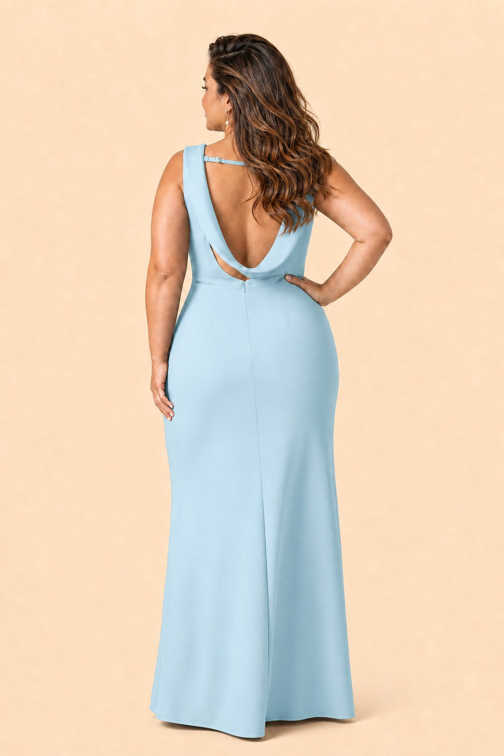 Floor Length Plus Size Bridesmaid Dress Pleated Detail Deep Cowl Back Stretch Satin