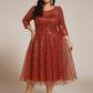 Plus Size 3/4 Sleeve Midi Round Neck A-Line Sequin Wedding Guest Dress