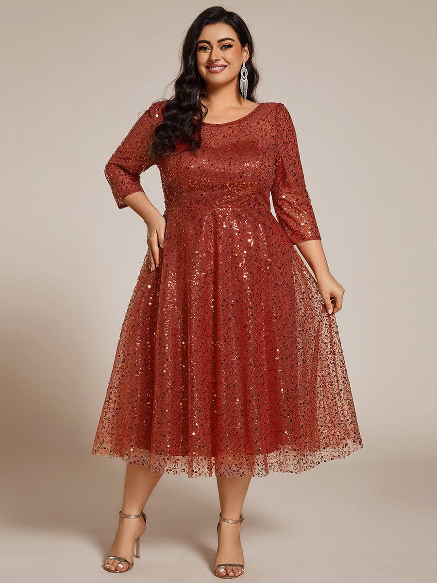 Plus Size 3/4 Sleeve Midi Round Neck A-Line Sequin Wedding Guest Dress