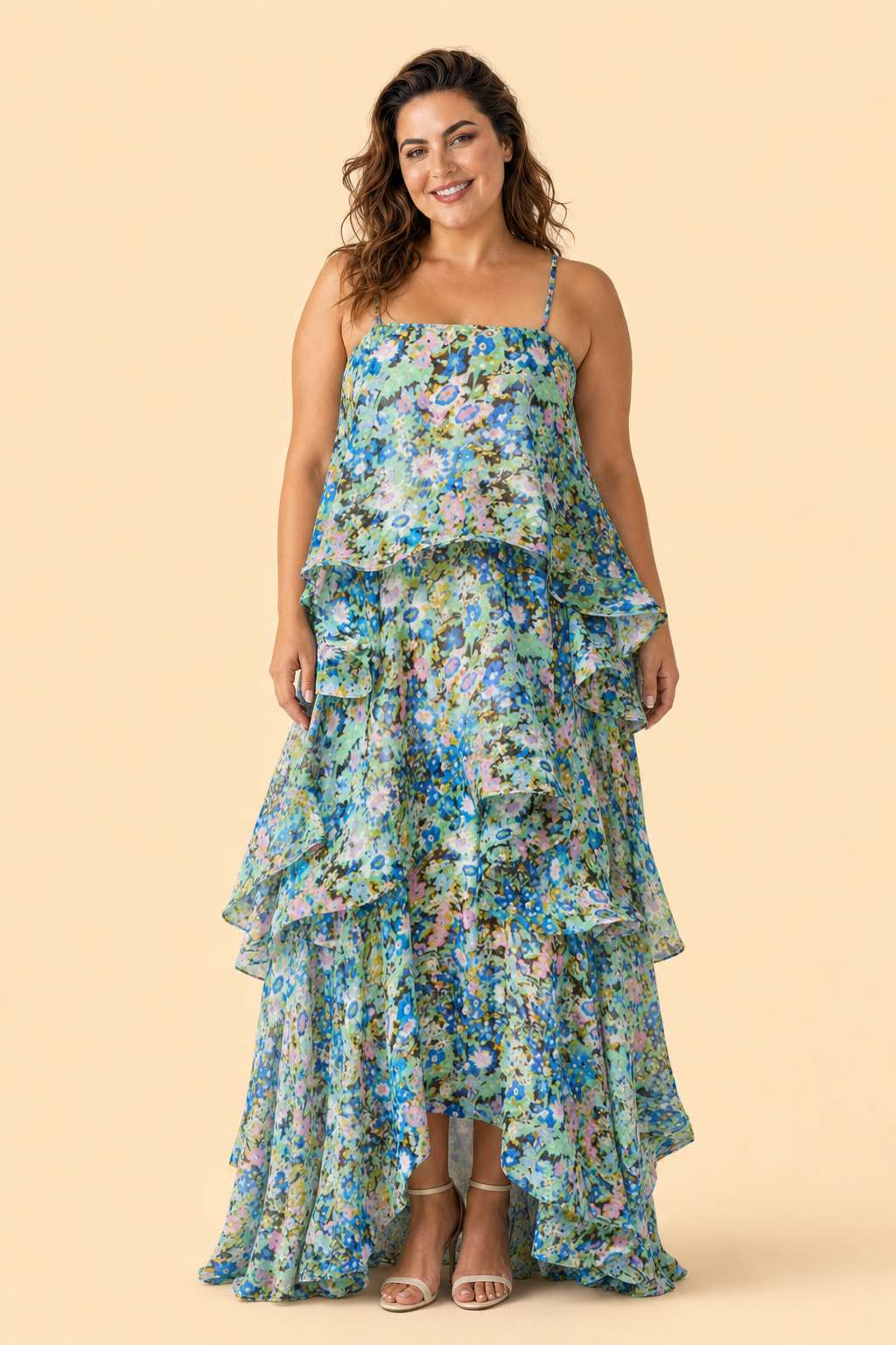 Romantic Floral A-Line Bridesmaid Dress with Flowing Tiered Skirt