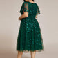 Plus Size Sparkly A-Line Midi Tulle Formal Wedding Guest Dress with Leaf Sequin