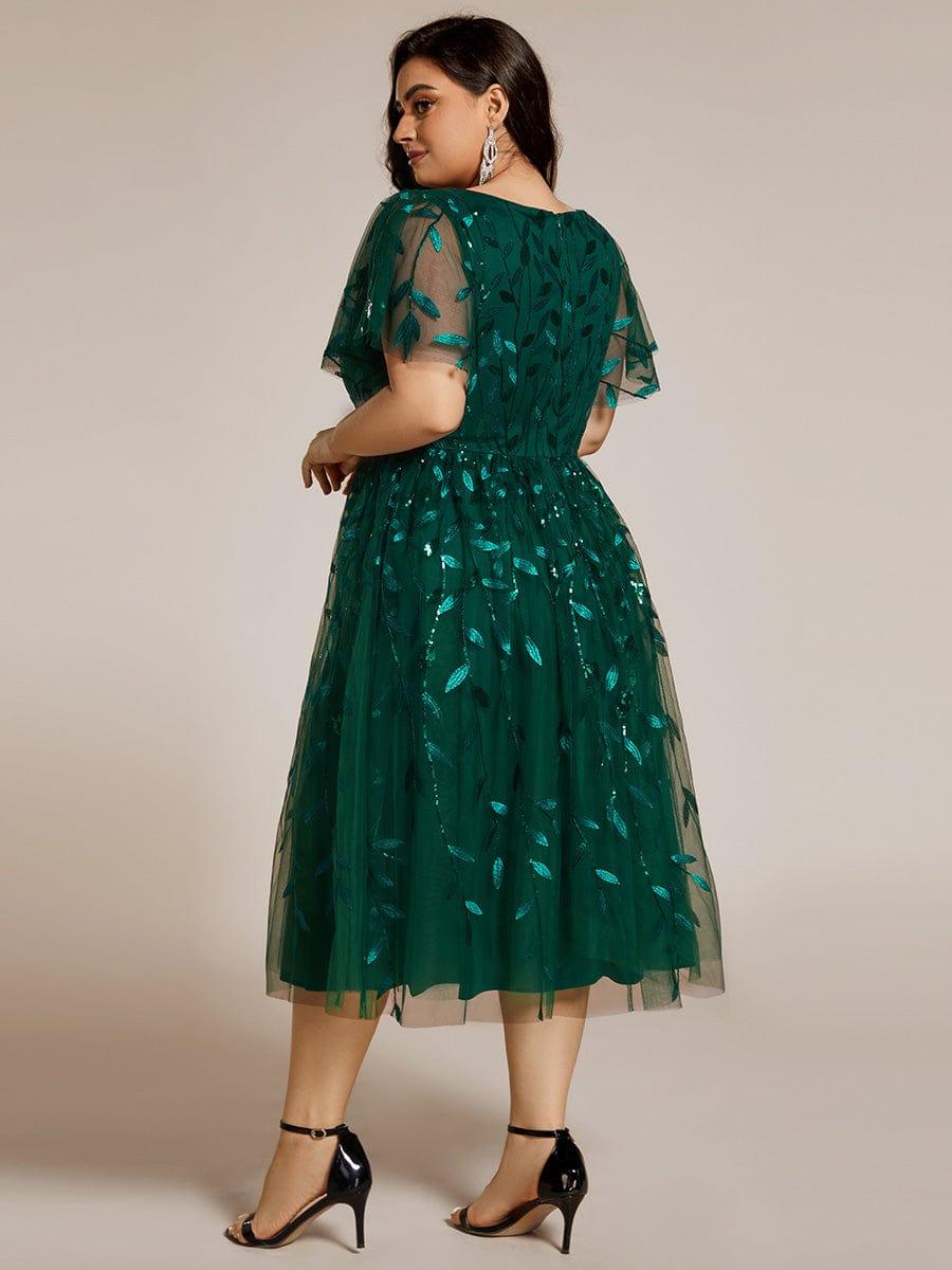 Plus Size Sparkly A-Line Midi Tulle Formal Wedding Guest Dress with Leaf Sequin