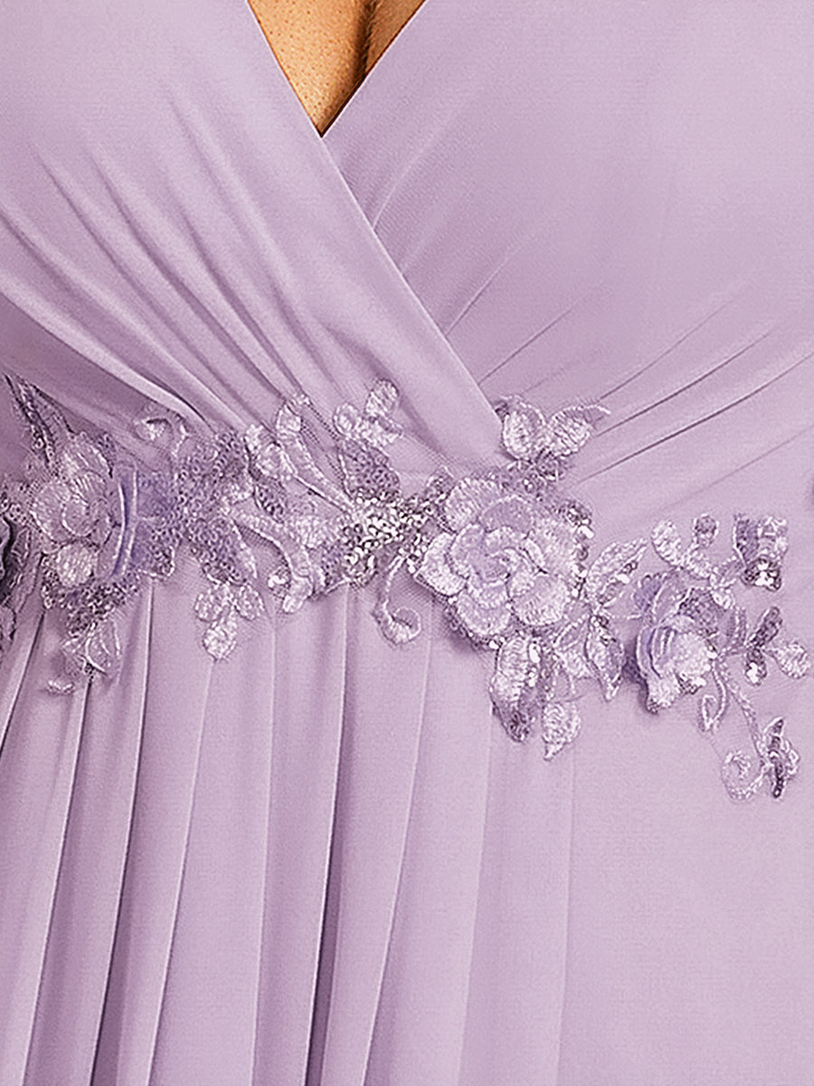 Plus Size Floral Applique Short Sleeve A-Line Chiffon Formal Evening Dress